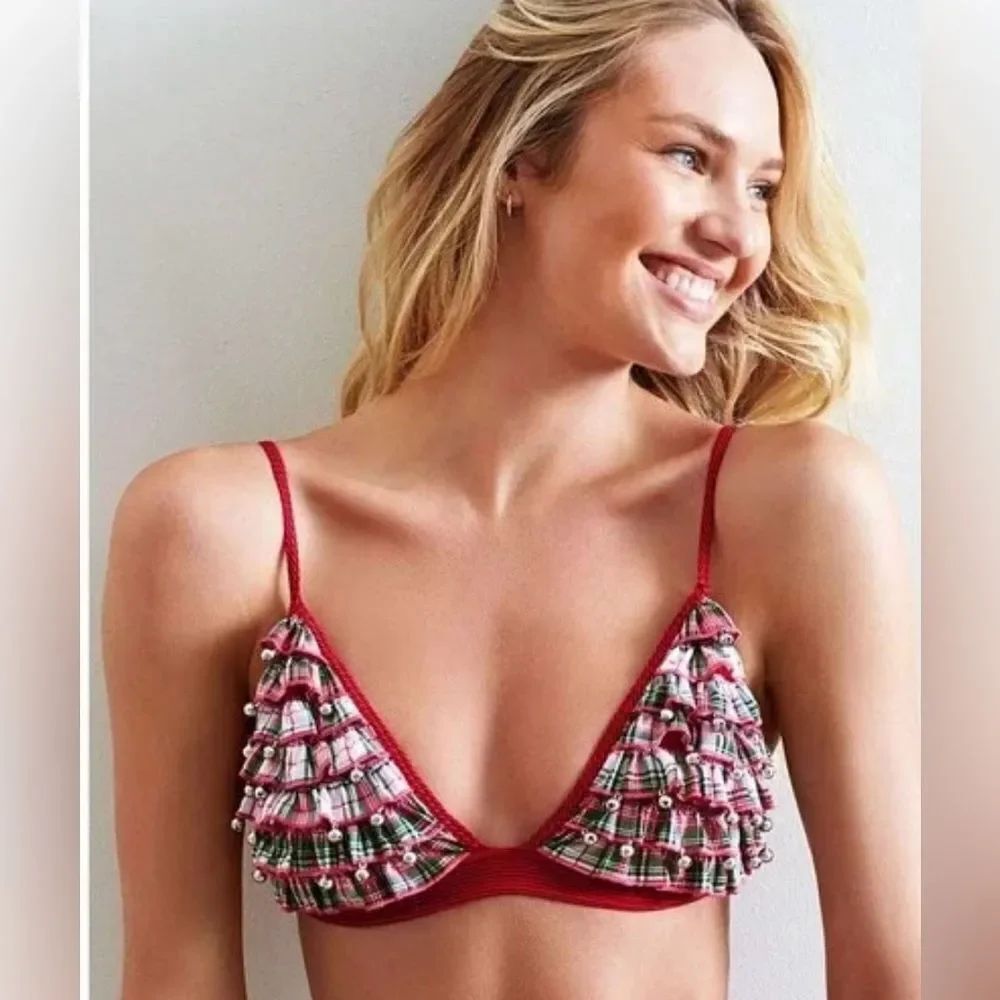 Victoria's Secret Jingle Bell Red and Green Plaid Tartan Bralette Bra Size S